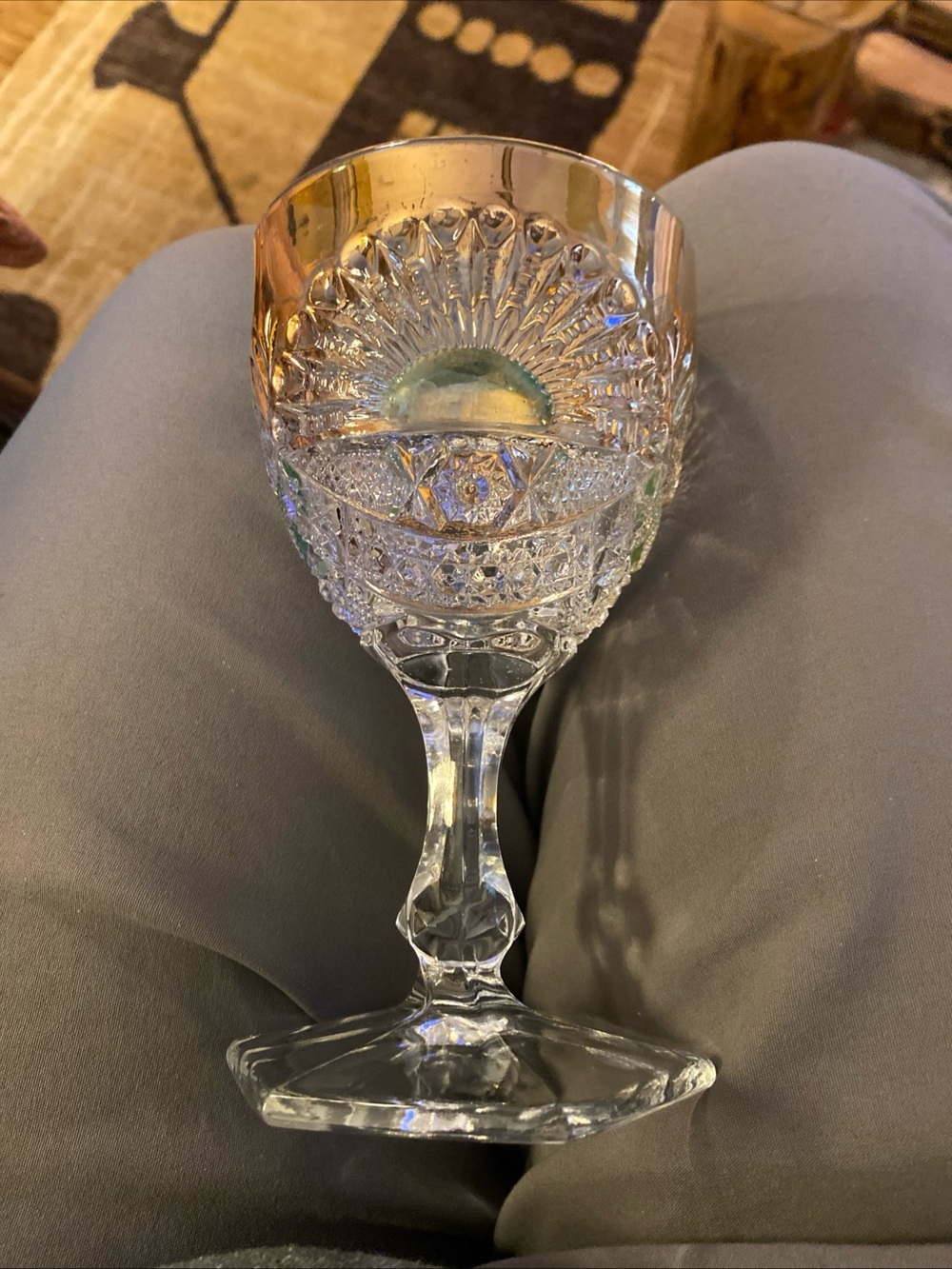 EAPG  Gold Rim Green Rising Sun Pressed  Glass Goblet Hexagonal Base Vintage